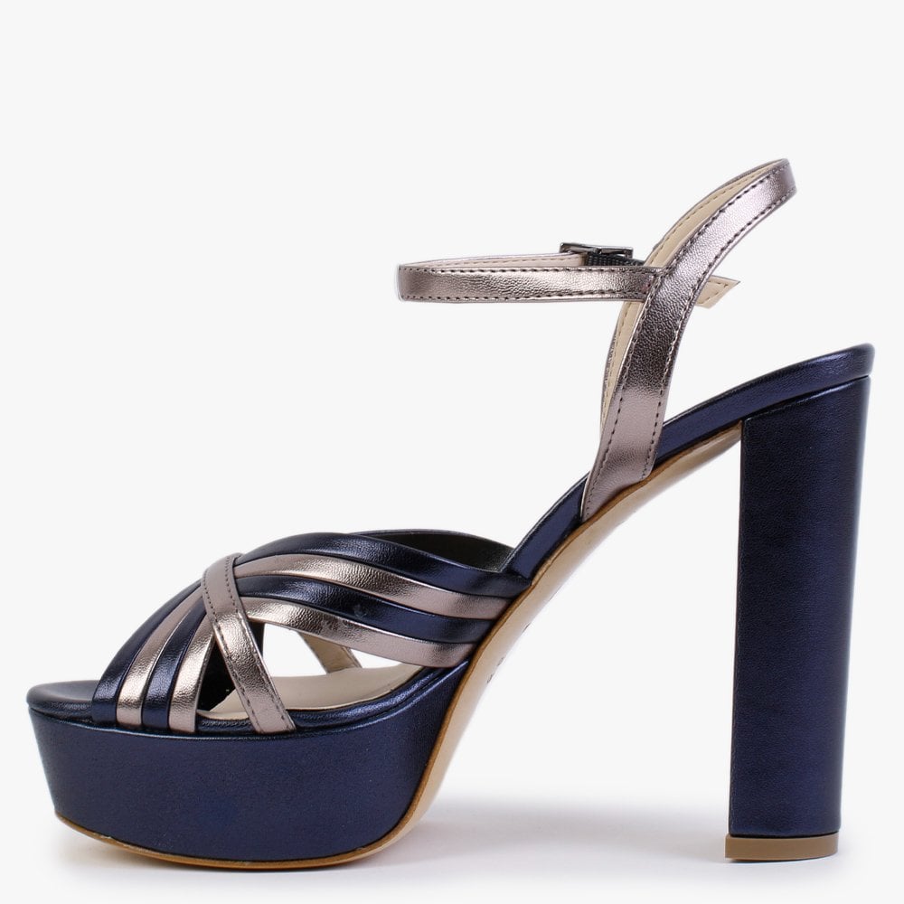 Avery Navy & Pewter Leather Platform Heeled Sandals