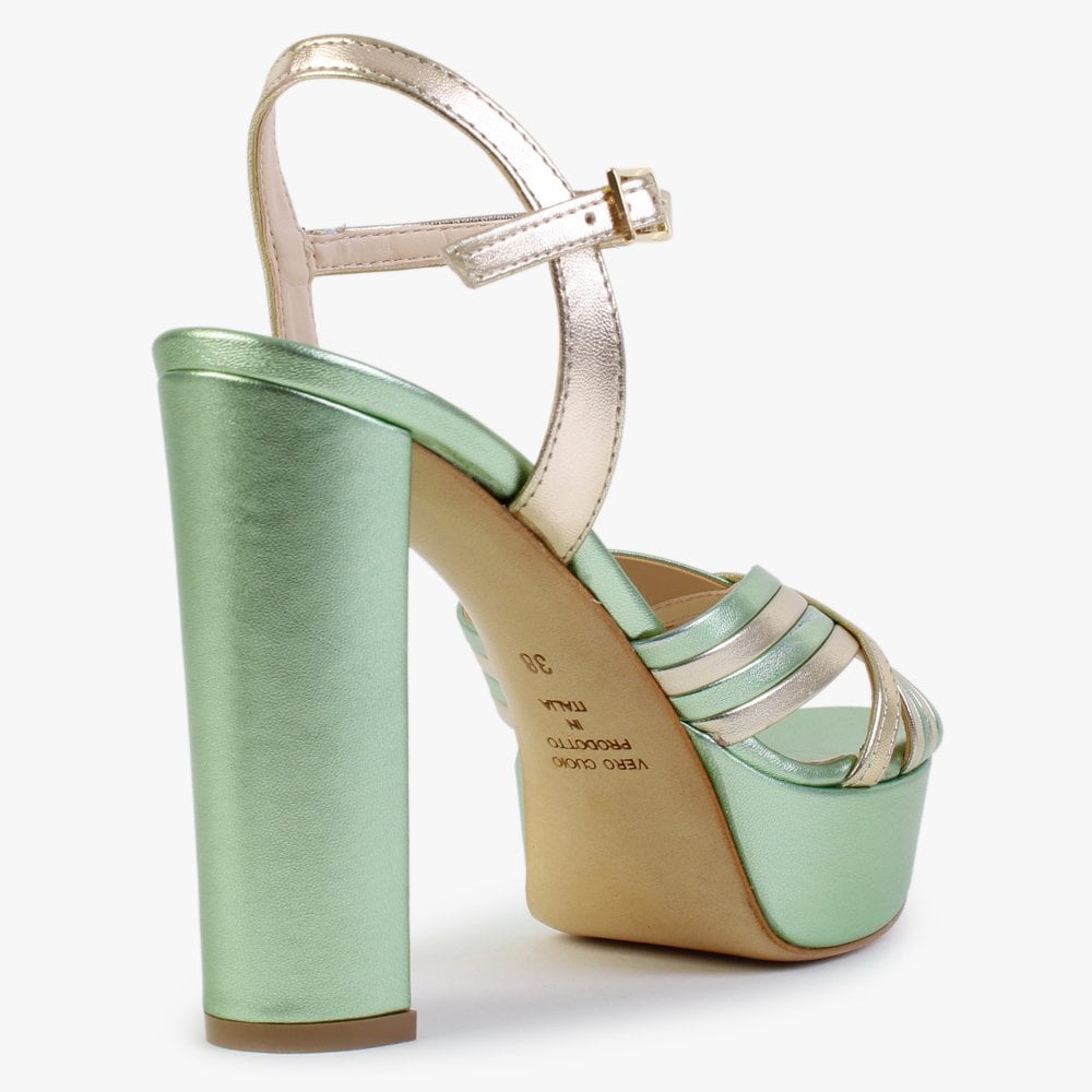Avery Green & Gold Leather Platform Heeled Sandals