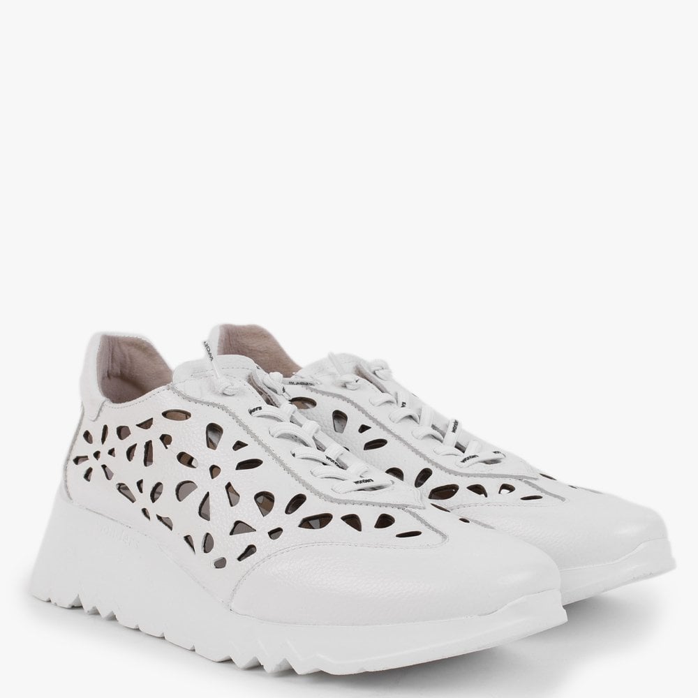 Capo White Leather Laser Cut Wedge Trainers