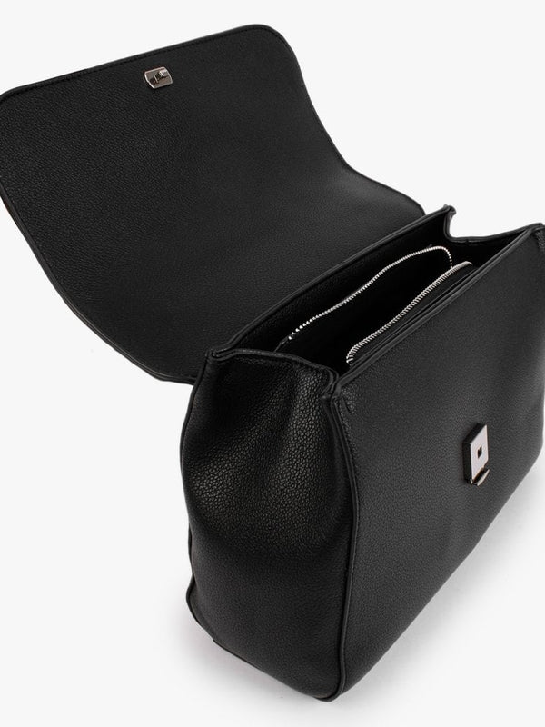 Vermeer Black Quilted Logo Flap Satchel Bag