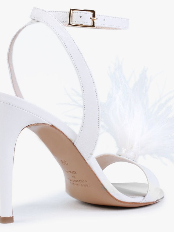 Anost White Leather Feather Heeled Sandals