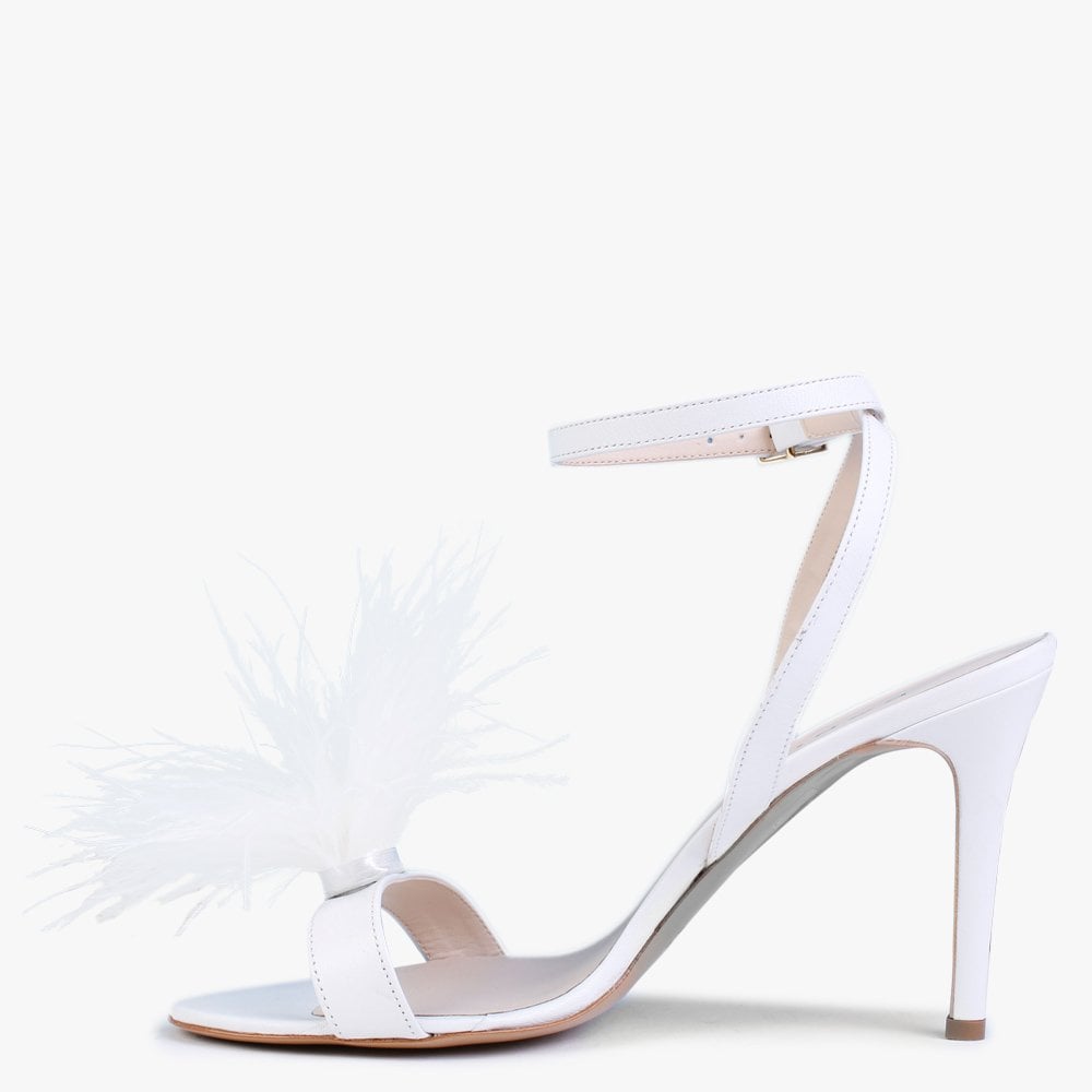 Anost White Leather Feather Heeled Sandals