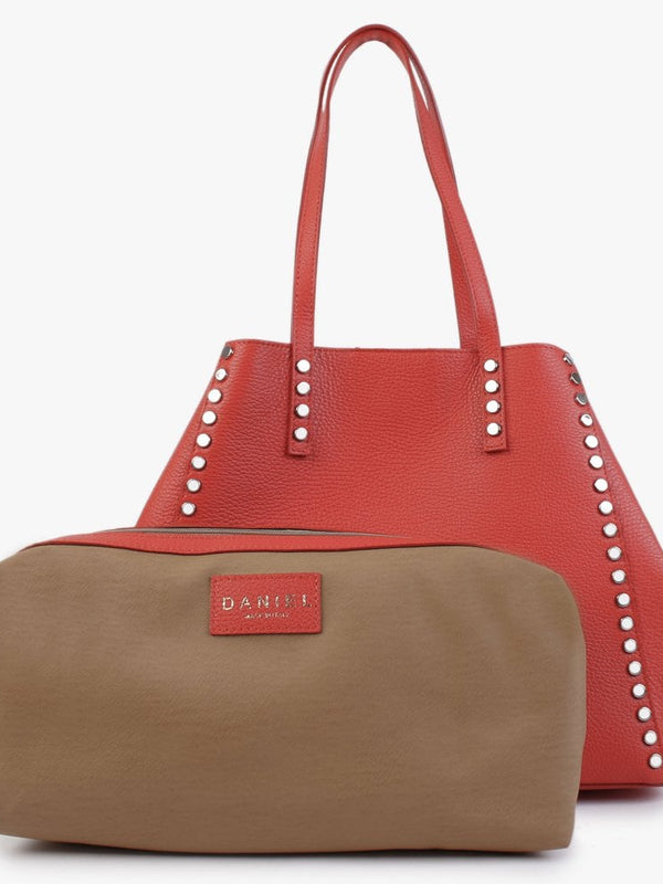 Dimooch Red Tumbled Leather Studded Tote Bag