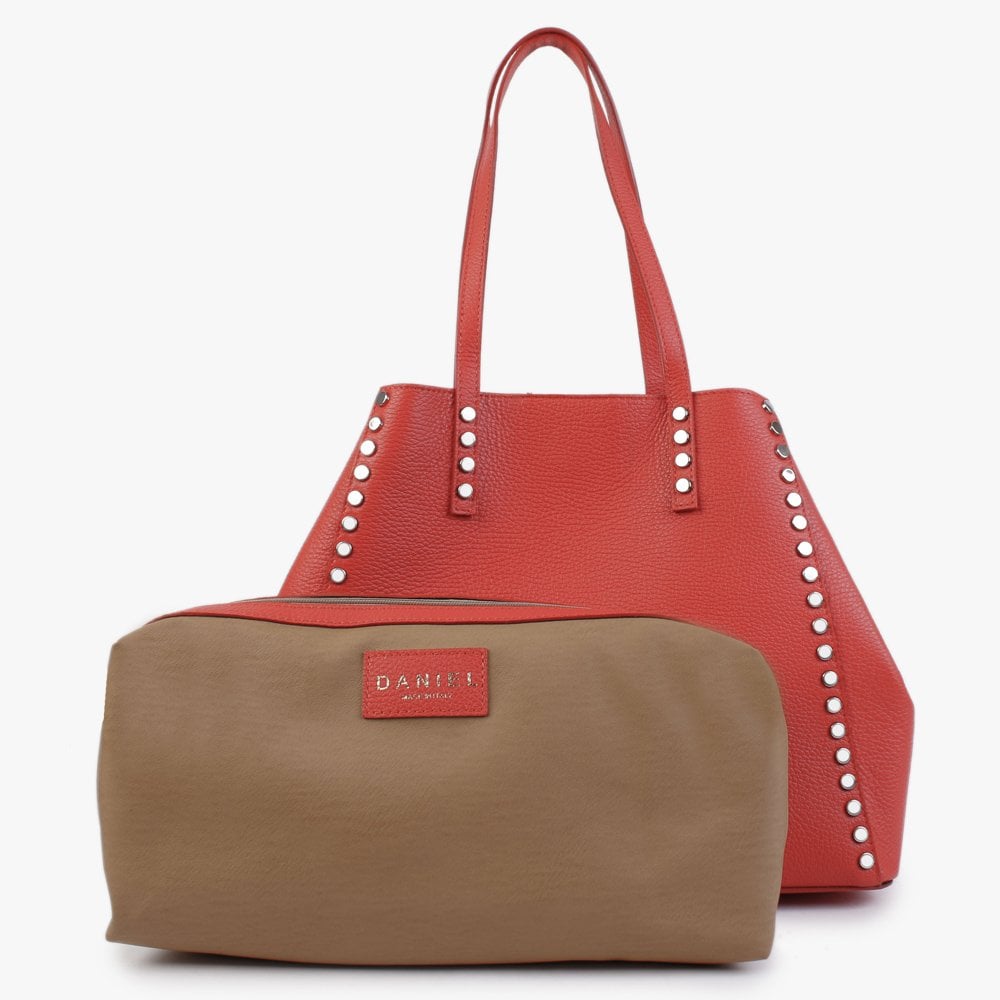 Dimooch Red Tumbled Leather Studded Tote Bag