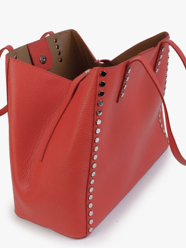 Dimooch Red Tumbled Leather Studded Tote Bag