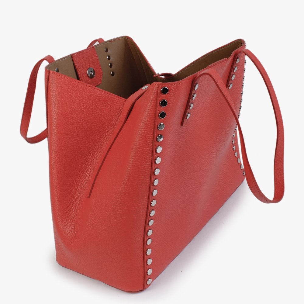 Dimooch Red Tumbled Leather Studded Tote Bag