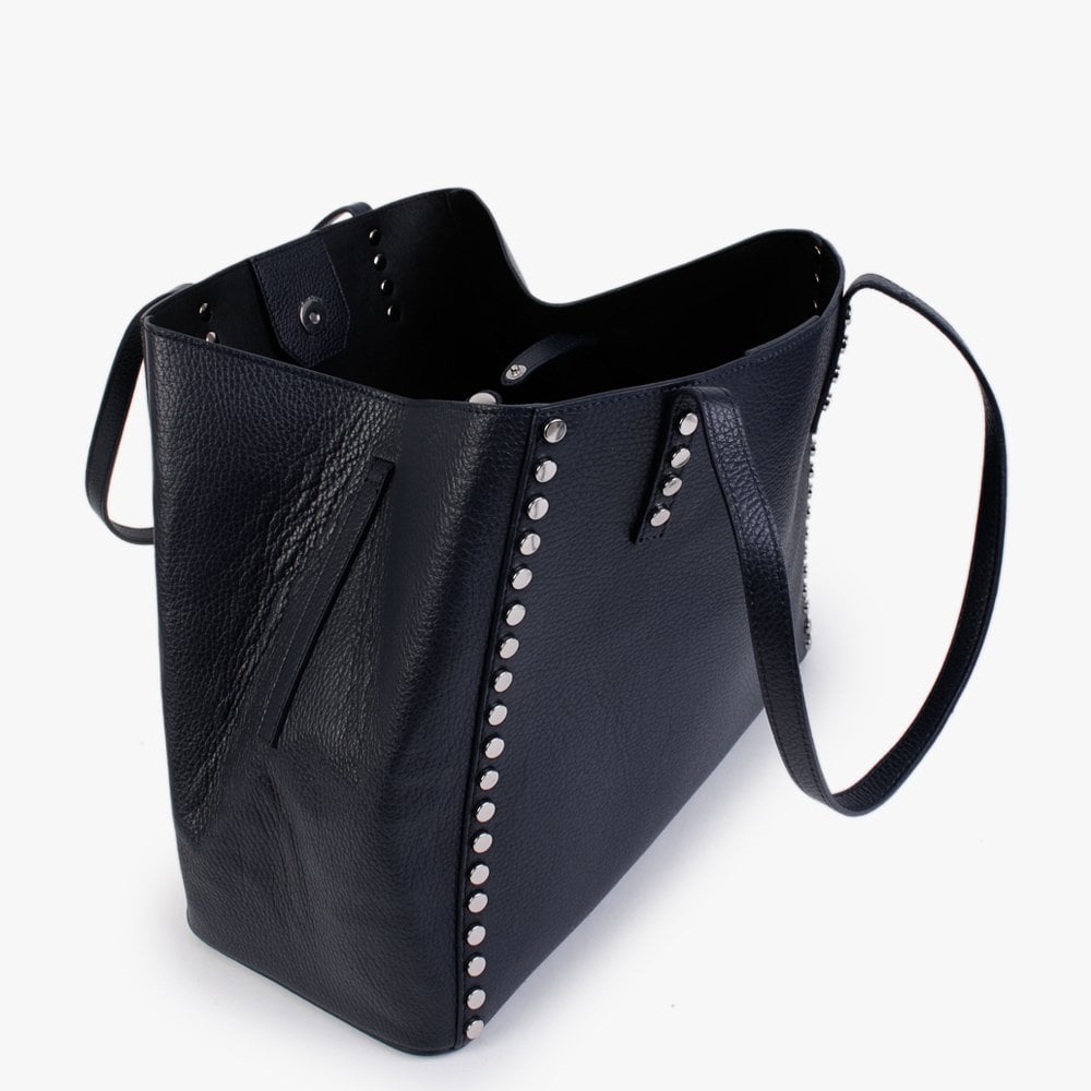 Dimooch Navy Tumbled Leather Studded Tote Bag