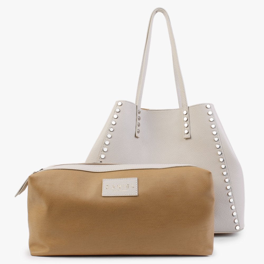 Dimooch Beige Tumbled Leather Studded Tote Bag