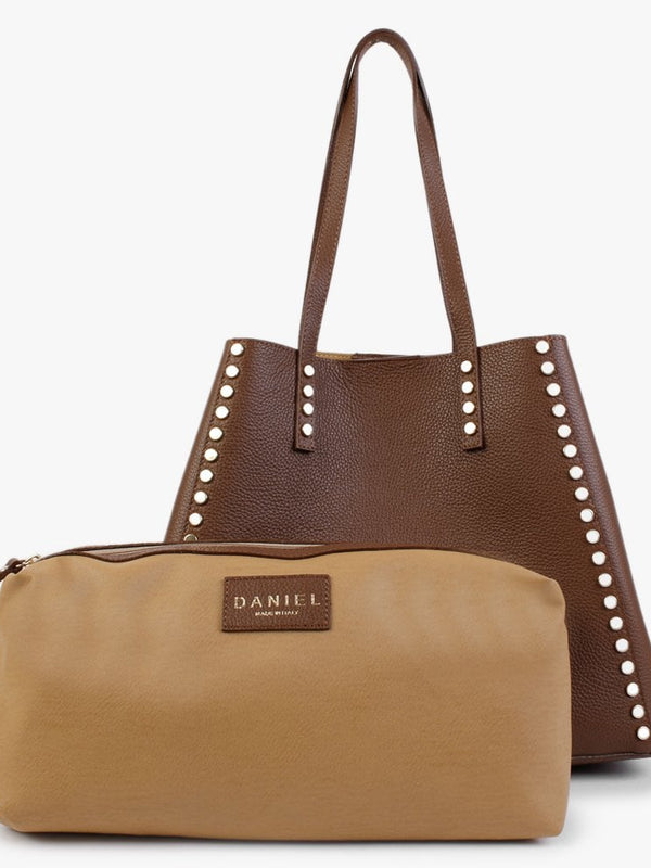 Dimooch Brown Tumbled Leather Studded Tote Bag