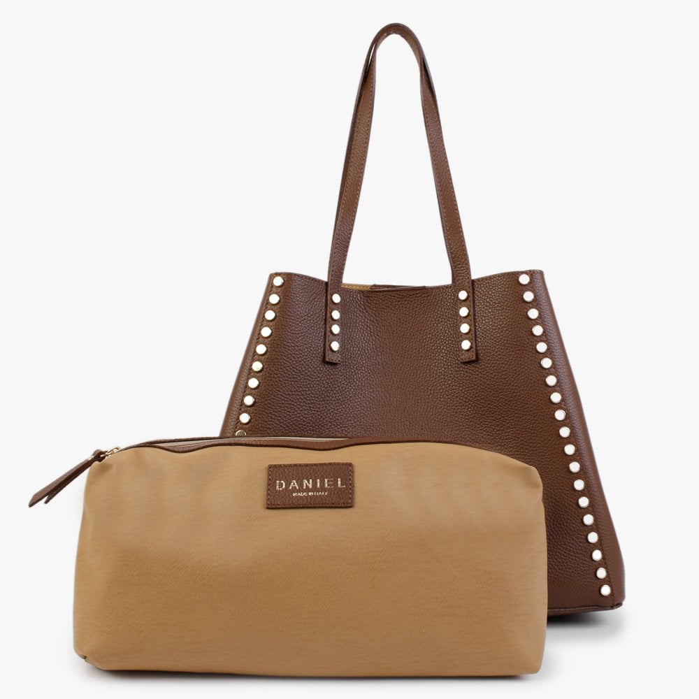 Dimooch Brown Tumbled Leather Studded Tote Bag