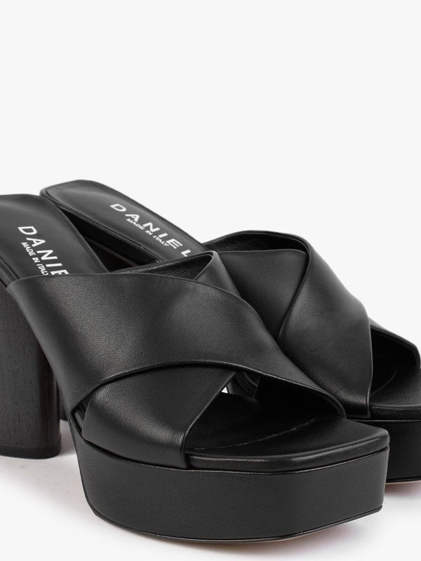 Toffee Black Leather Cross Strap Platform Heeled Mules