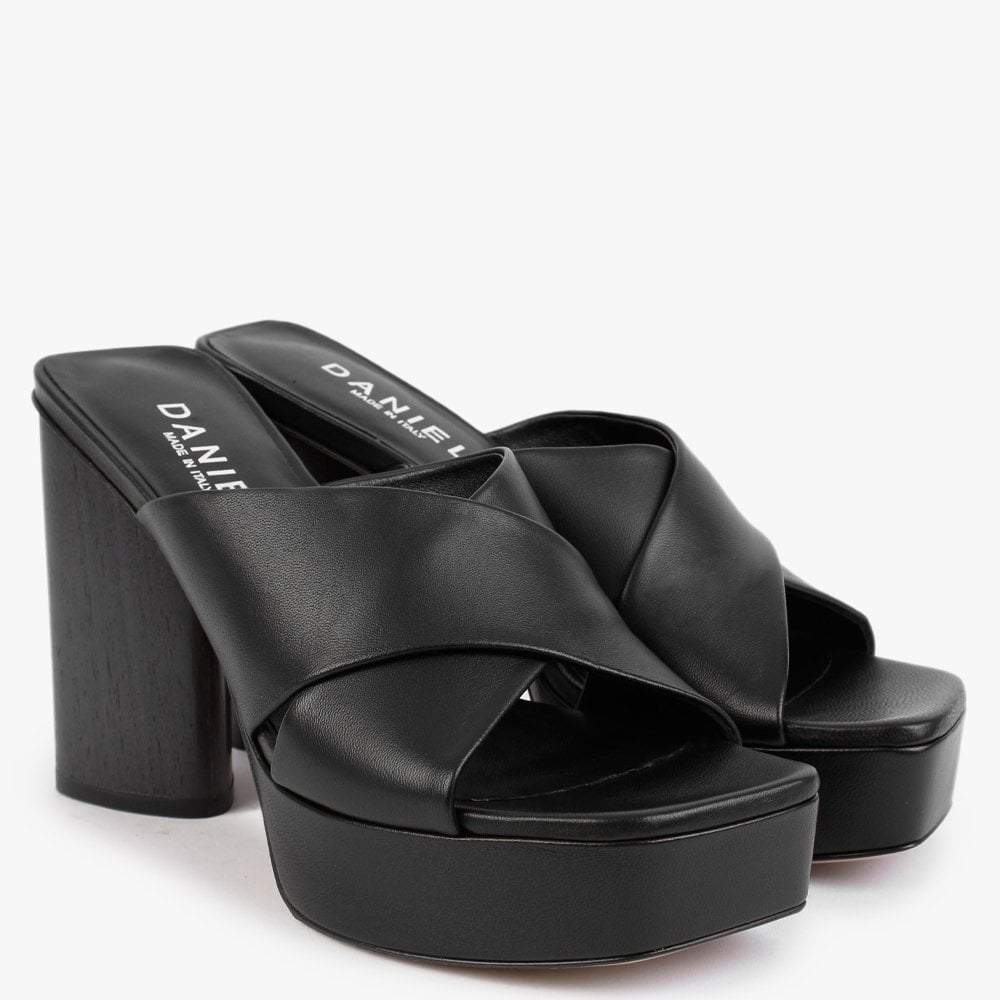 Toffee Black Leather Cross Strap Platform Heeled Mules