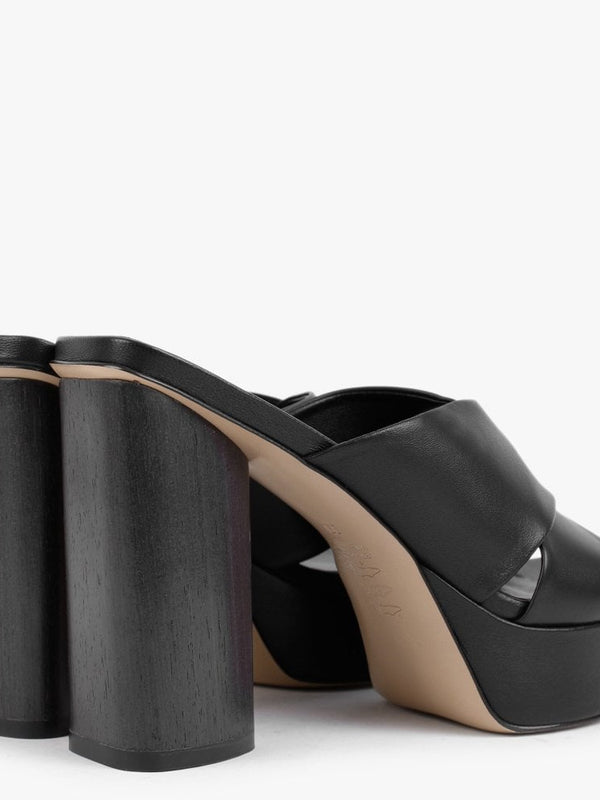 Toffee Black Leather Cross Strap Platform Heeled Mules