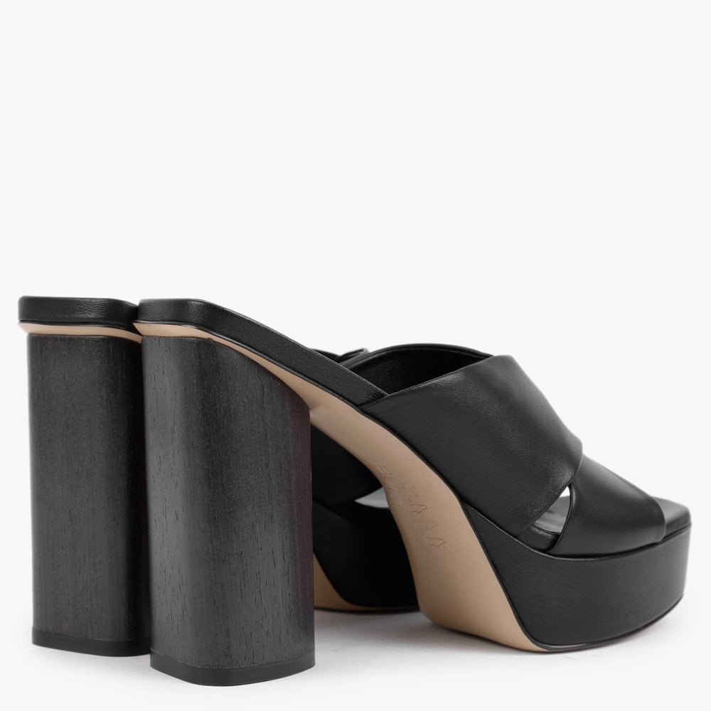Toffee Black Leather Cross Strap Platform Heeled Mules