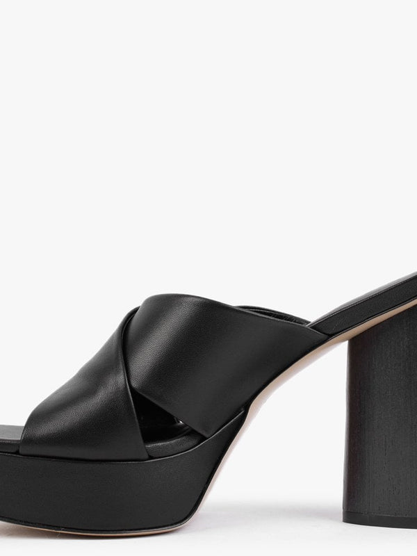 Toffee Black Leather Cross Strap Platform Heeled Mules