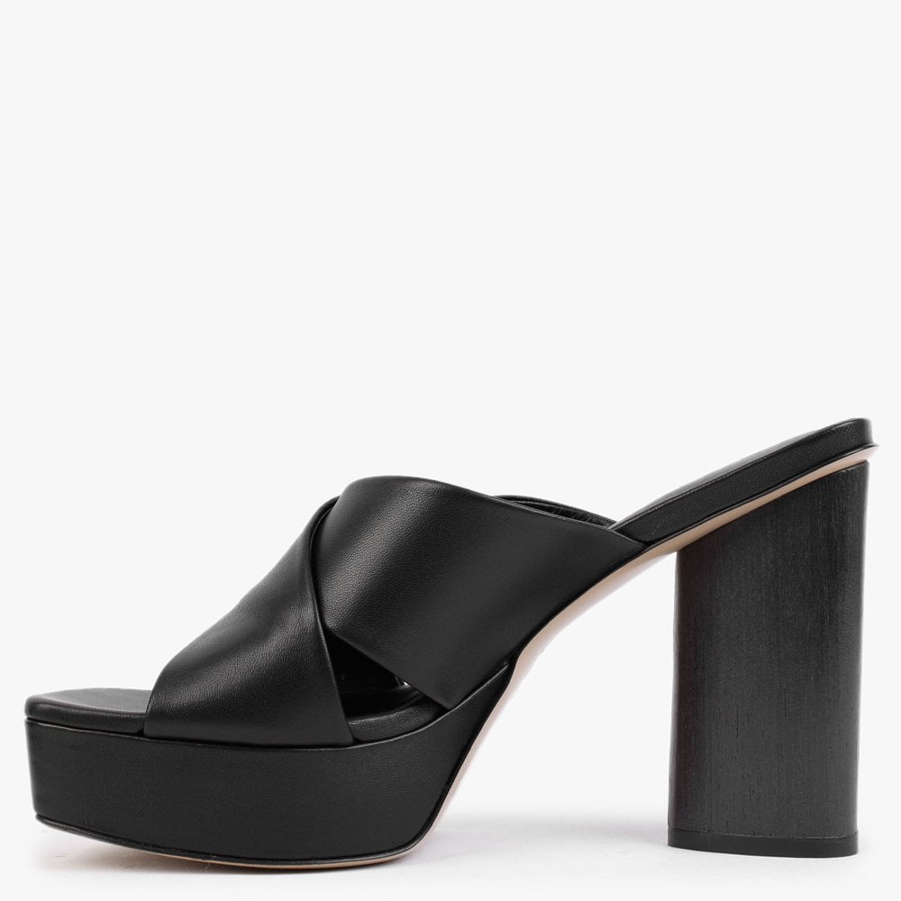 Toffee Black Leather Cross Strap Platform Heeled Mules