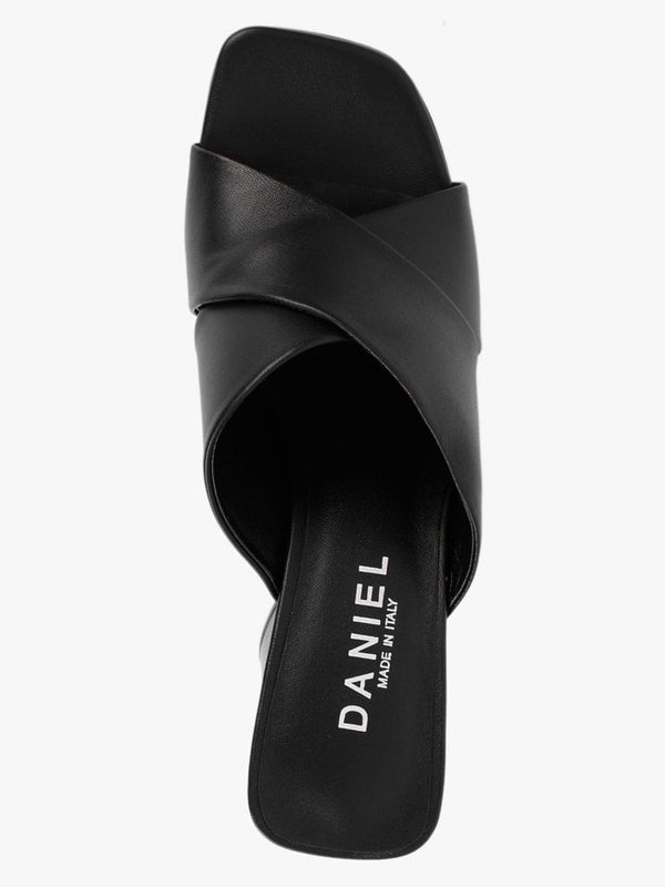 Toffee Black Leather Cross Strap Platform Heeled Mules