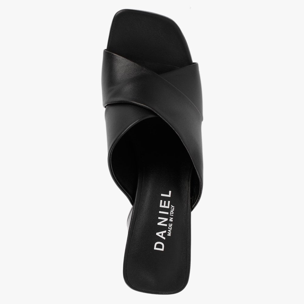Toffee Black Leather Cross Strap Platform Heeled Mules