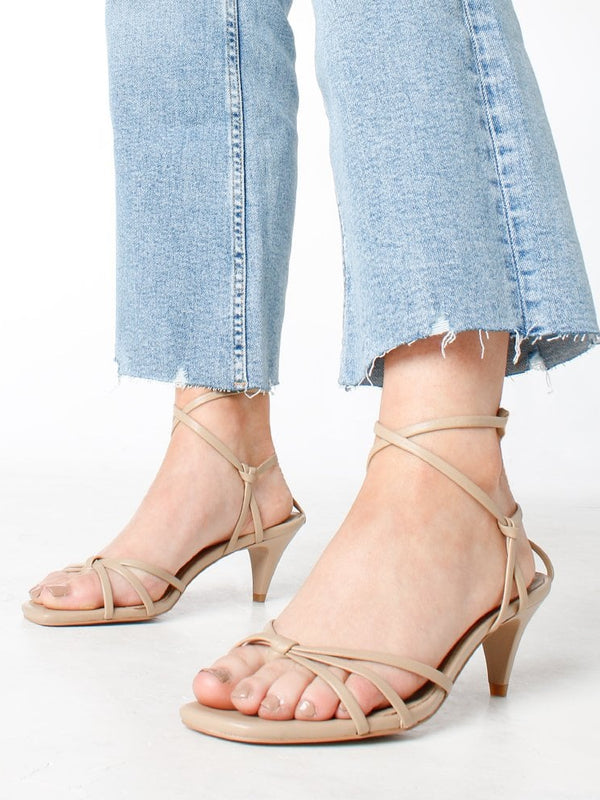 Ellie Beige Leather Kitten Heel Sandals