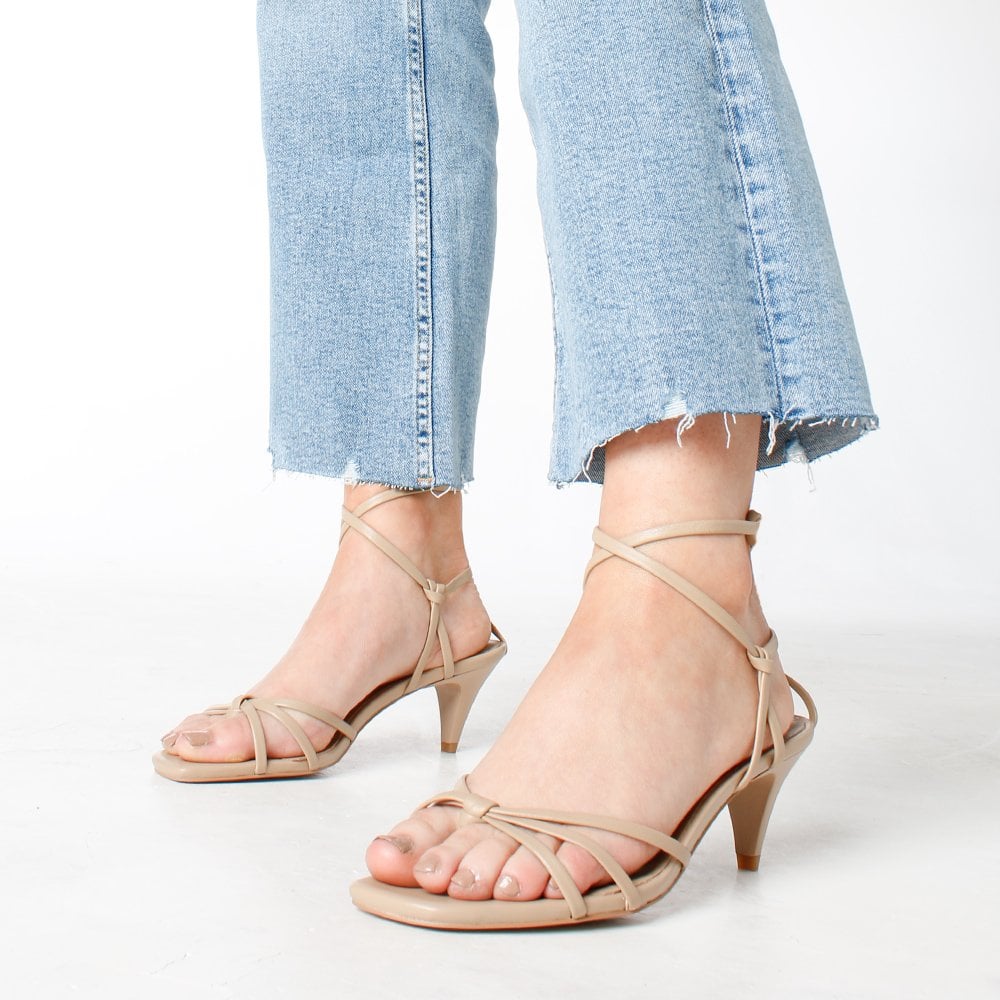 Ellie Beige Leather Kitten Heel Sandals