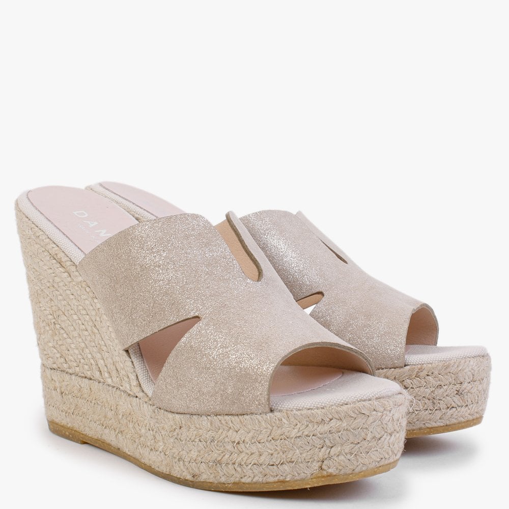Kophia Beige Metallic Suede Wedge Mules