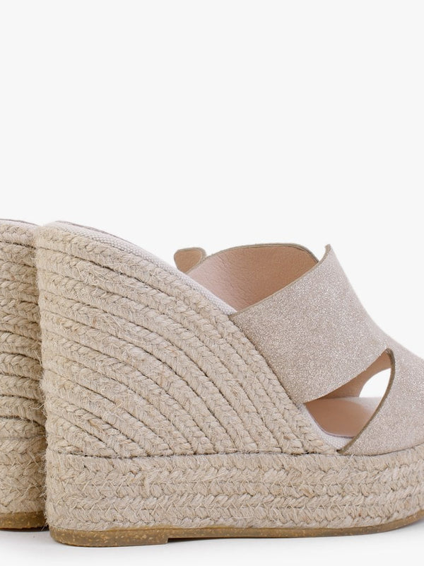 Kophia Beige Metallic Suede Wedge Mules