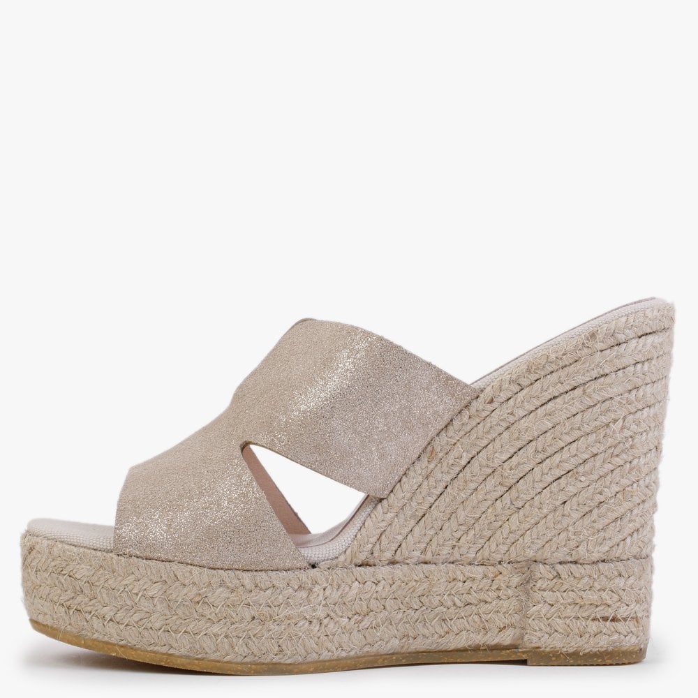 Kophia Beige Metallic Suede Wedge Mules