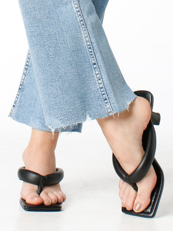 Evelyn Black Leather Pillow Strap Heeled Sandals