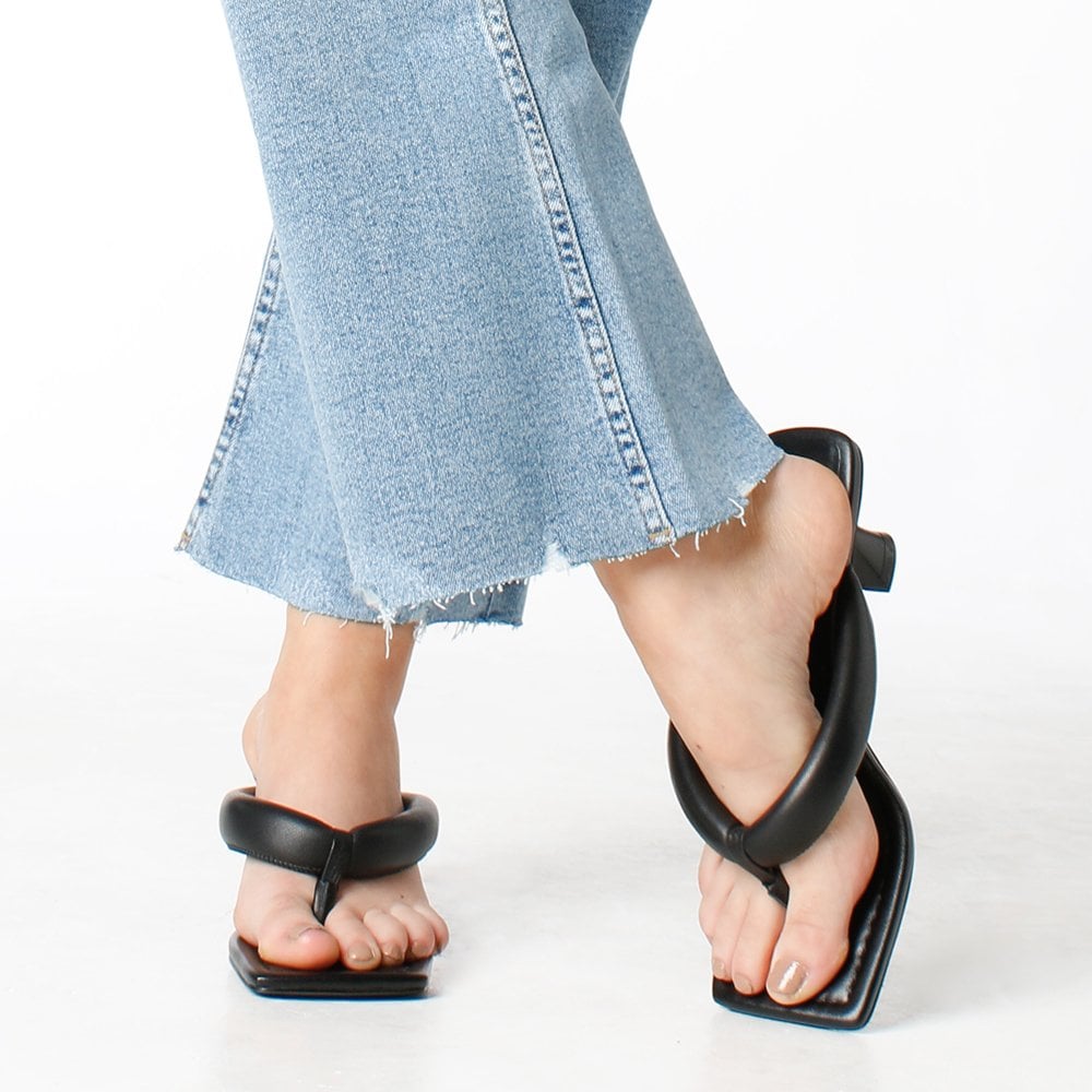 Evelyn Black Leather Pillow Strap Heeled Sandals