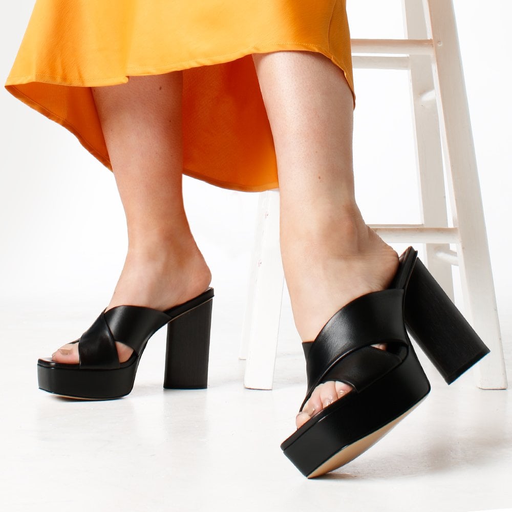 Toffee Black Leather Cross Strap Platform Heeled Mules