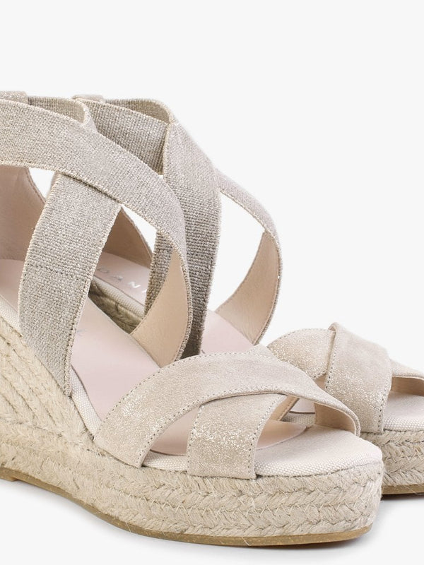 Kamp Beige Suede Elasticated Cross Strap Wedge Espadrilles