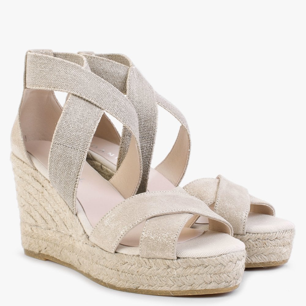 Kamp Beige Suede Elasticated Cross Strap Wedge Espadrilles