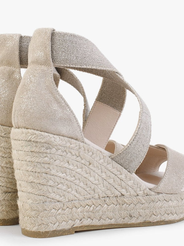 Kamp Beige Suede Elasticated Cross Strap Wedge Espadrilles