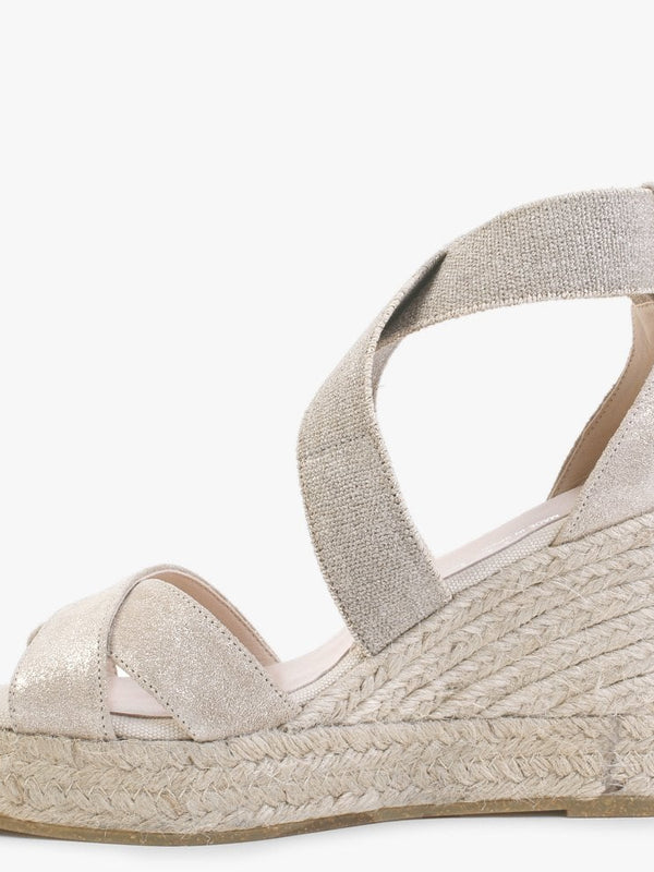 Kamp Beige Suede Elasticated Cross Strap Wedge Espadrilles