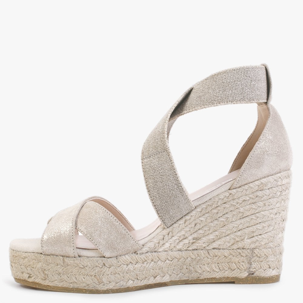 Kamp Beige Suede Elasticated Cross Strap Wedge Espadrilles