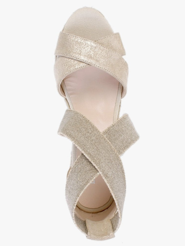 Kamp Beige Suede Elasticated Cross Strap Wedge Espadrilles