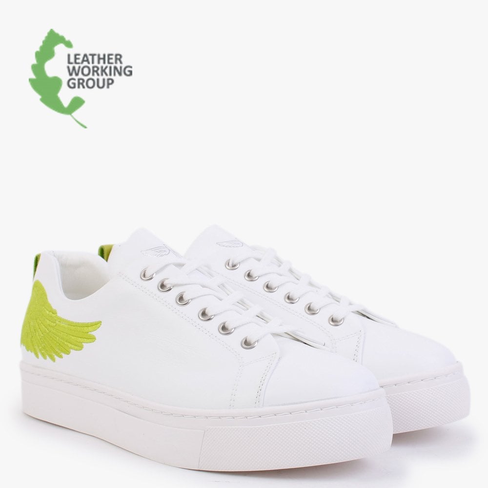 Angels Ease White Leather Green Wing Trainers
