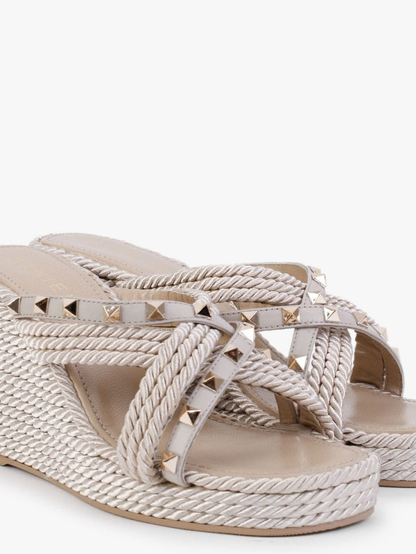 Pophigh Beige Rope Wedge Mules