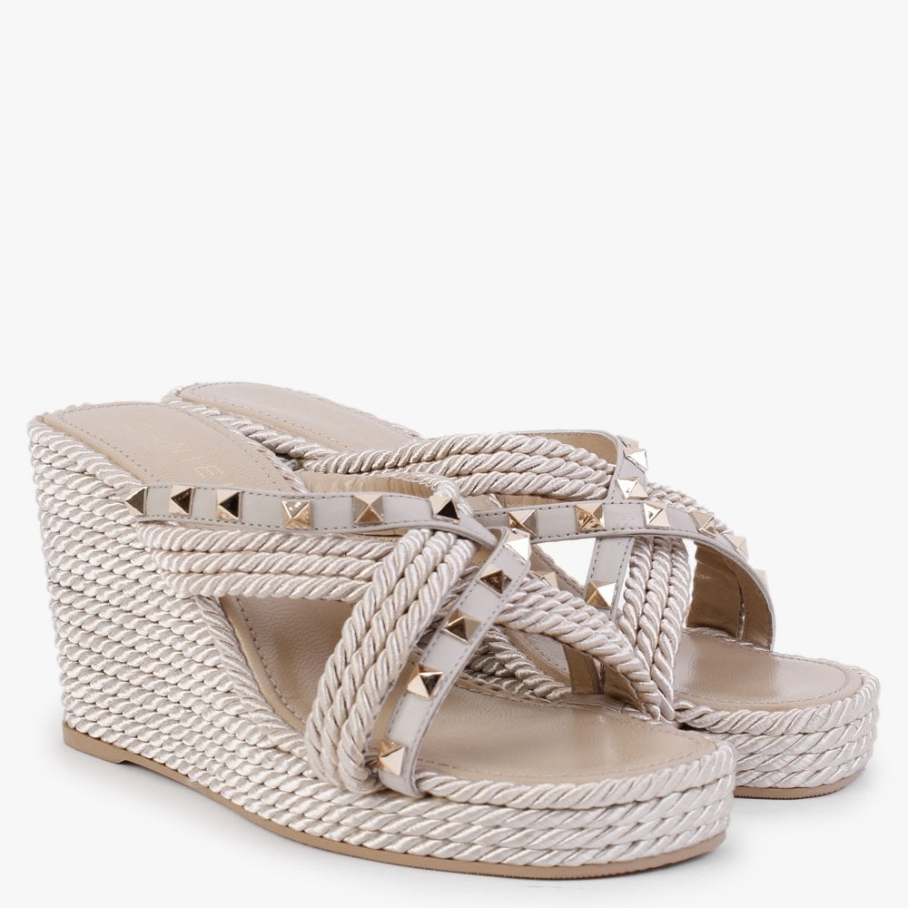 Pophigh Beige Rope Wedge Mules