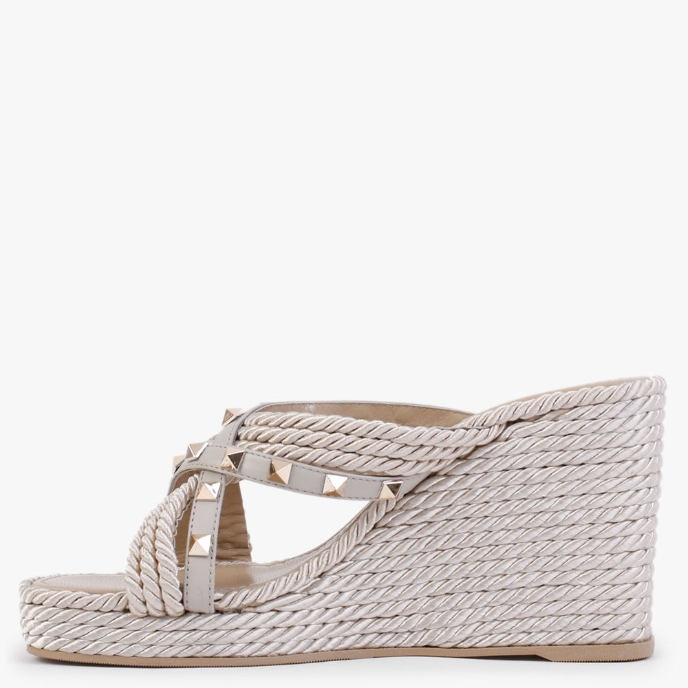Pophigh Beige Rope Wedge Mules