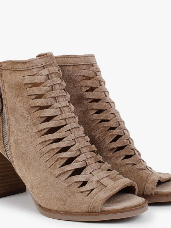 Polenta Tan Suede Lattice Backless Heeled Sandals