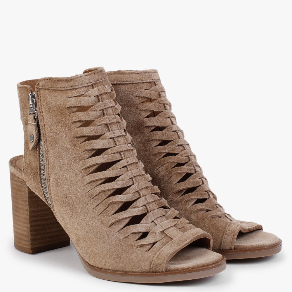 Polenta Tan Suede Lattice Backless Heeled Sandals