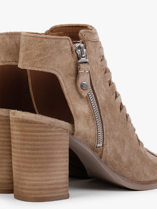 Polenta Tan Suede Lattice Backless Heeled Sandals