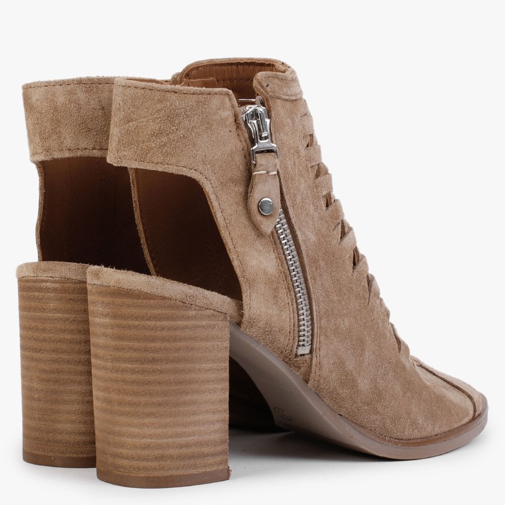 Polenta Tan Suede Lattice Backless Heeled Sandals