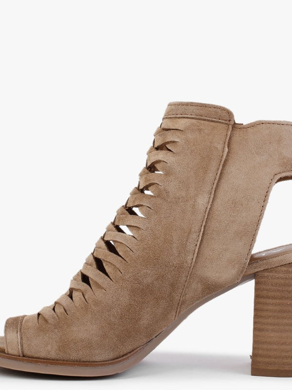 Polenta Tan Suede Lattice Backless Heeled Sandals