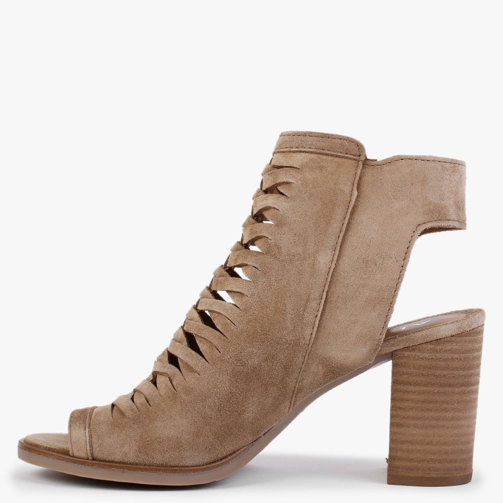 Polenta Tan Suede Lattice Backless Heeled Sandals