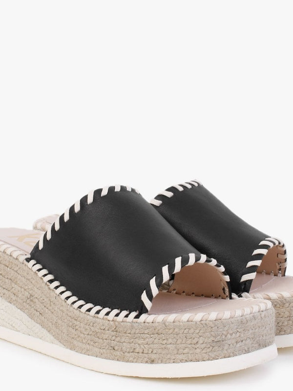 Citron Black Leather Wedge Mules