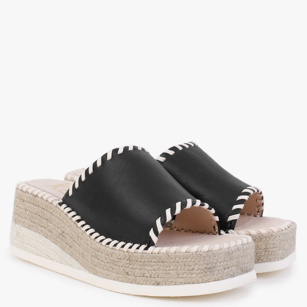Citron Black Leather Wedge Mules