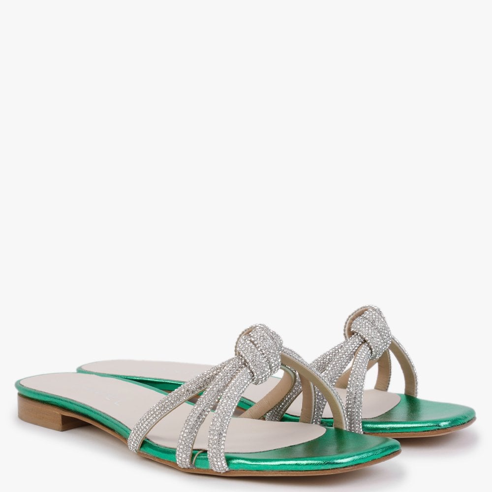 Flatante Green Leather Twisted Diamante Mules