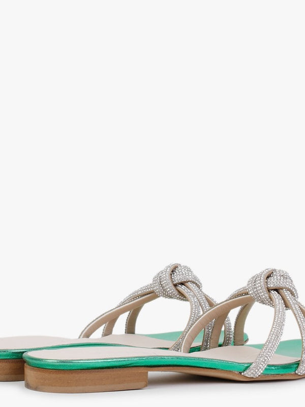Flatante Green Leather Twisted Diamante Mules